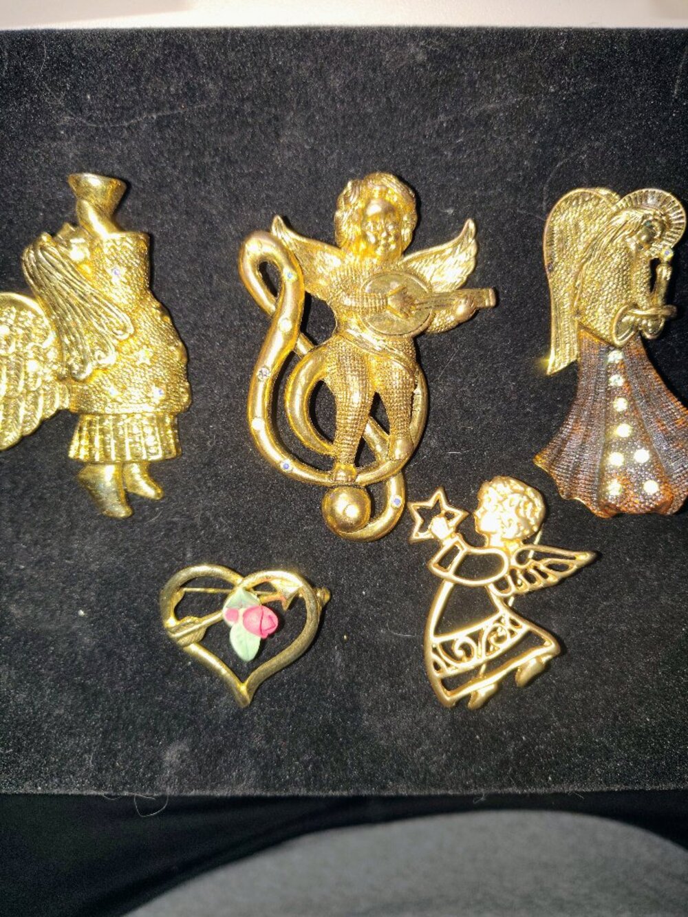 Vintage Angel & Cherub Brooch Lot (5 pcs) – Gold Tone, Lucite, AB Rhinestones